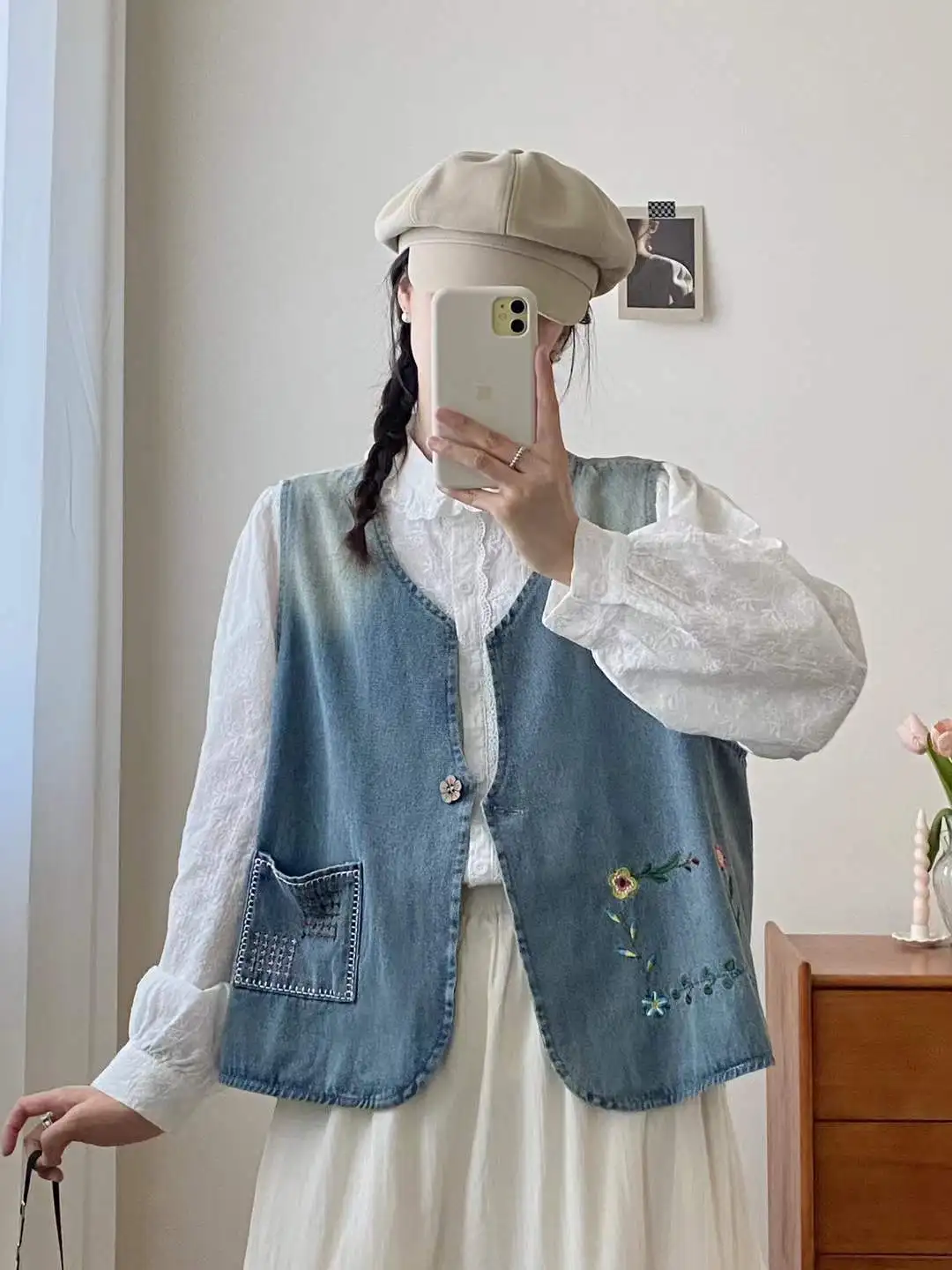 

Enianechu Mori Kei, одежда в японском стиле, кавайный джинсовый жилет для женщин, осенний джинсовый жилет с v-образным вырезом и цветочной вышивкой