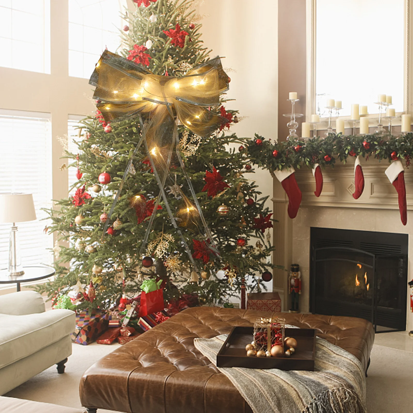 

Christmas Tree Hanging Pendant Silver Luminous Bowknot Decor for Home Garden Yard Party Decoration Creative Printing Design