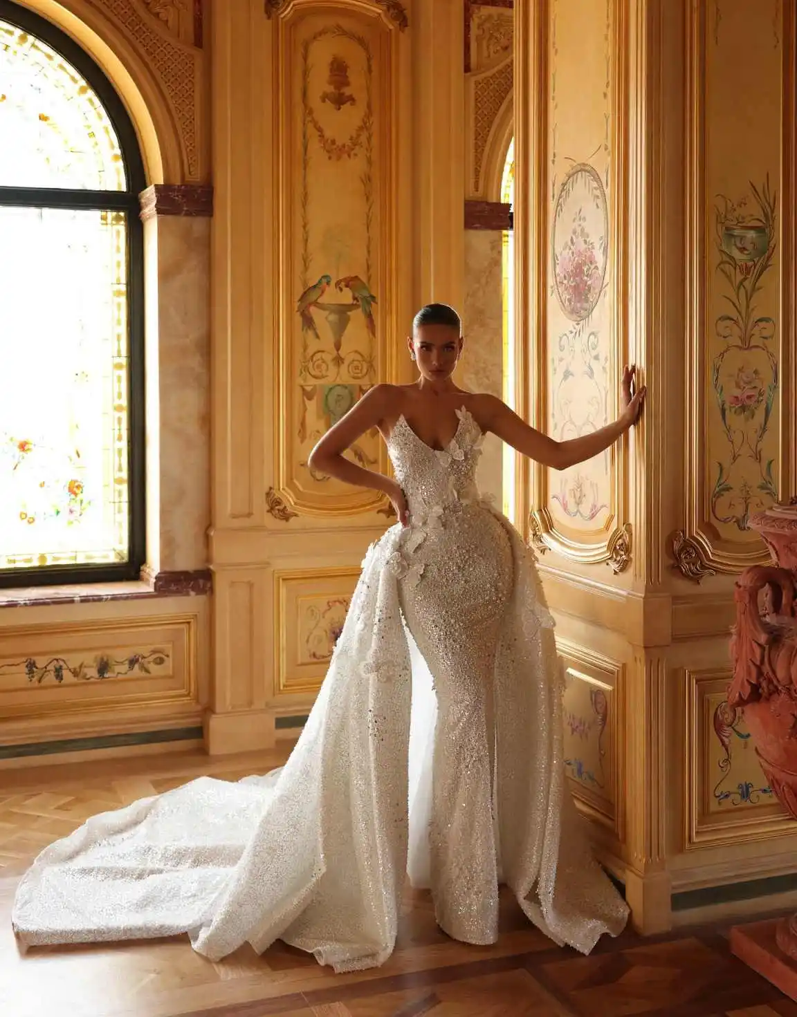 Robe de soirée sirène à paillettes scintillantes, sans bretelles, col en cœur, avec des Appliques de perles, robe avec traîne détachable, personnalisée