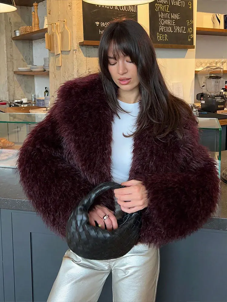 

TRAFZA Women Fashion Cropped Faux Fur Jacket Coat Long Sleeve Front Snap-Button Female Outerwear Chic Lapel Collar Thick Coat