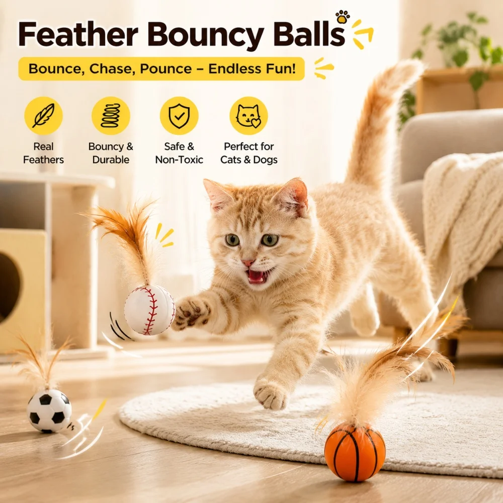 Interactive Cat Toy Random Bounce Ball with Real Feathers Indoor Exercise Toy for Cats and Kittens
