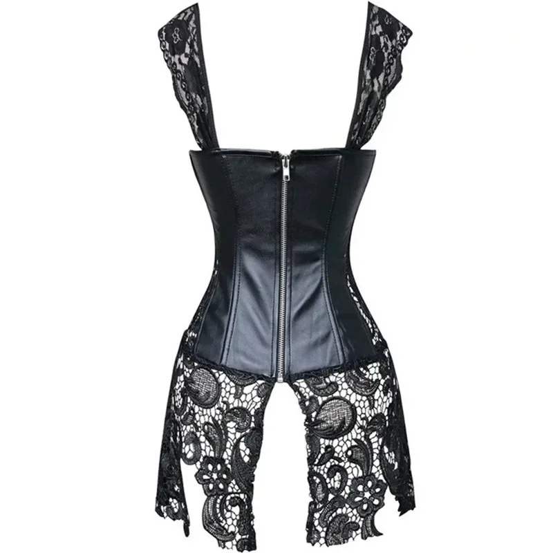 Leather Lace Corset Dress Lace up Zipper Waist Trainer Bustier Overbust Body Shaper Sexy Women Lingerie Plus Size