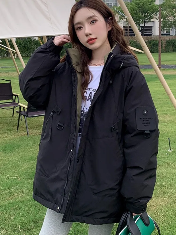 

Женская утепленная хлопковая куртка-пуховик 2026 года, зимняя, в американском стиле, с капюшоном, рабочая одежда, модная, свободного кроя, на молнии