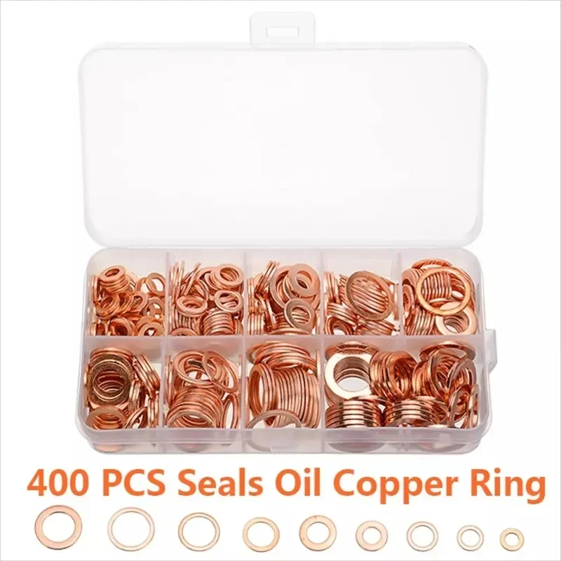 

400pcs Copper Washers O Ring Gaskets Flat Ring Seal Kit Assortment Car Copper Sealing Rings for Injectors Drain Plug M5-M14