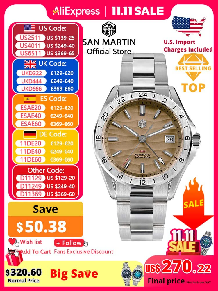 San Martin ใหม่ 39 มม.Desert Texture ผู้ชายหรูหรานาฬิกา NH34 GMT อัตโนมัติธุรกิจ Sapphire 10Bar Luminous SN0129