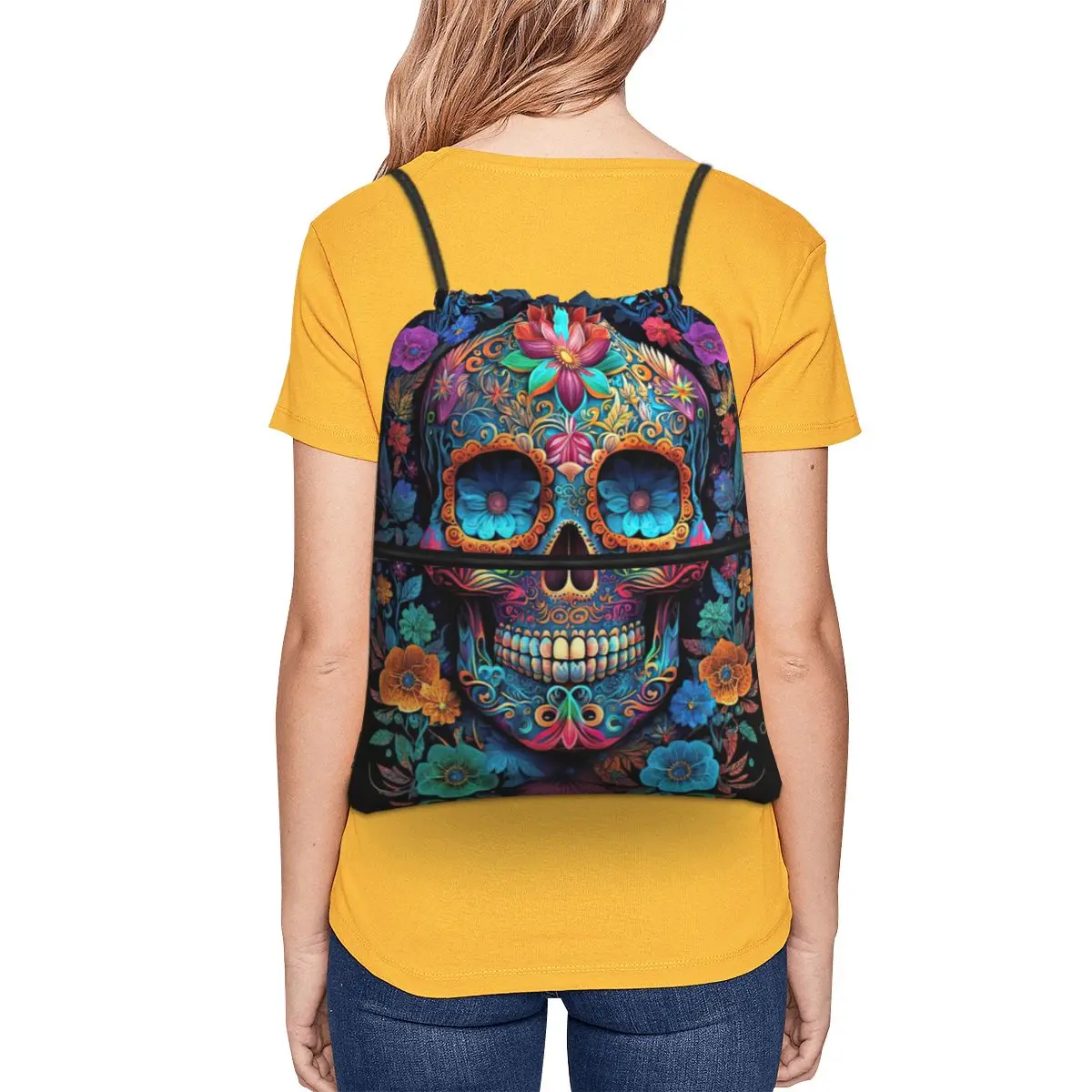 Mexican Skull Calavera Illustration Backpacks Portable Drawstring Bundle Pocket Sports Bag Book Bags for Man Woman Students