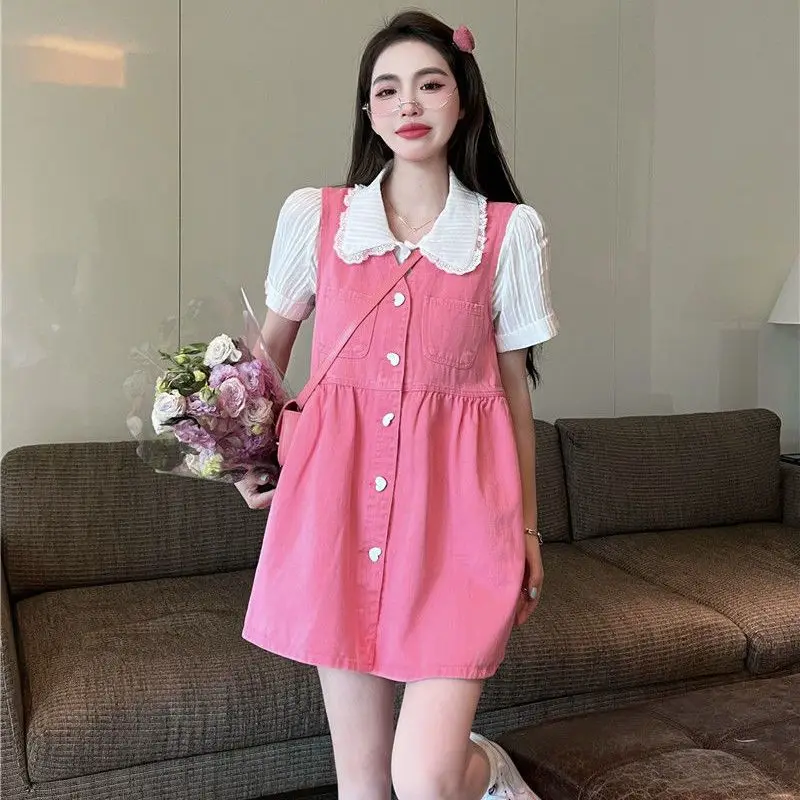 Kawaii Strap Denim Dress Suit for Women 2024 Summer Short Sleeve Shirt + Jean Mini Dress High Waist Loose Skirts 2 Piece Outfit