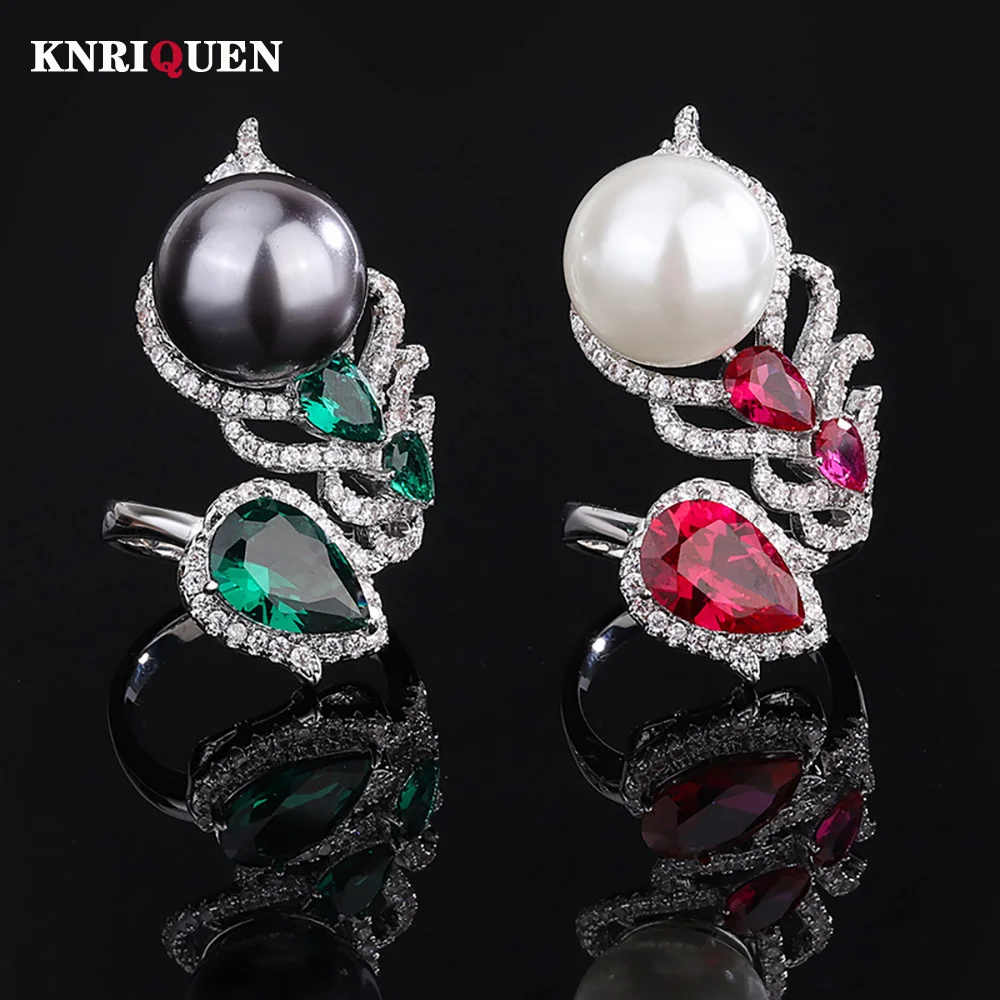 Charms 14MM White Black Big Pearl Rings for Women Lab Diamond Emerald Ruby Cocktail Party Fine Jewelry Wedding Accessories Gifts