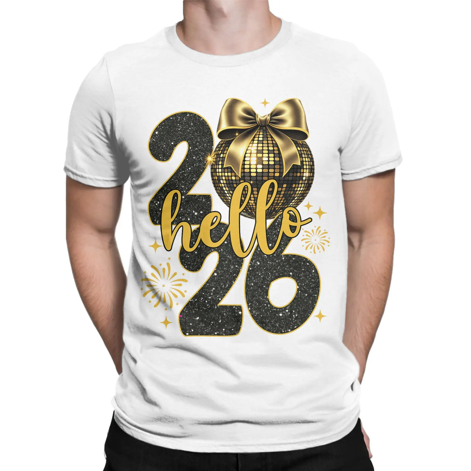 Bonne année 2026 Disco Ball rose Coquette Bow famille t-shirt pour hommes pur coton col rond t-shirts à manches courtes hauts uniques
