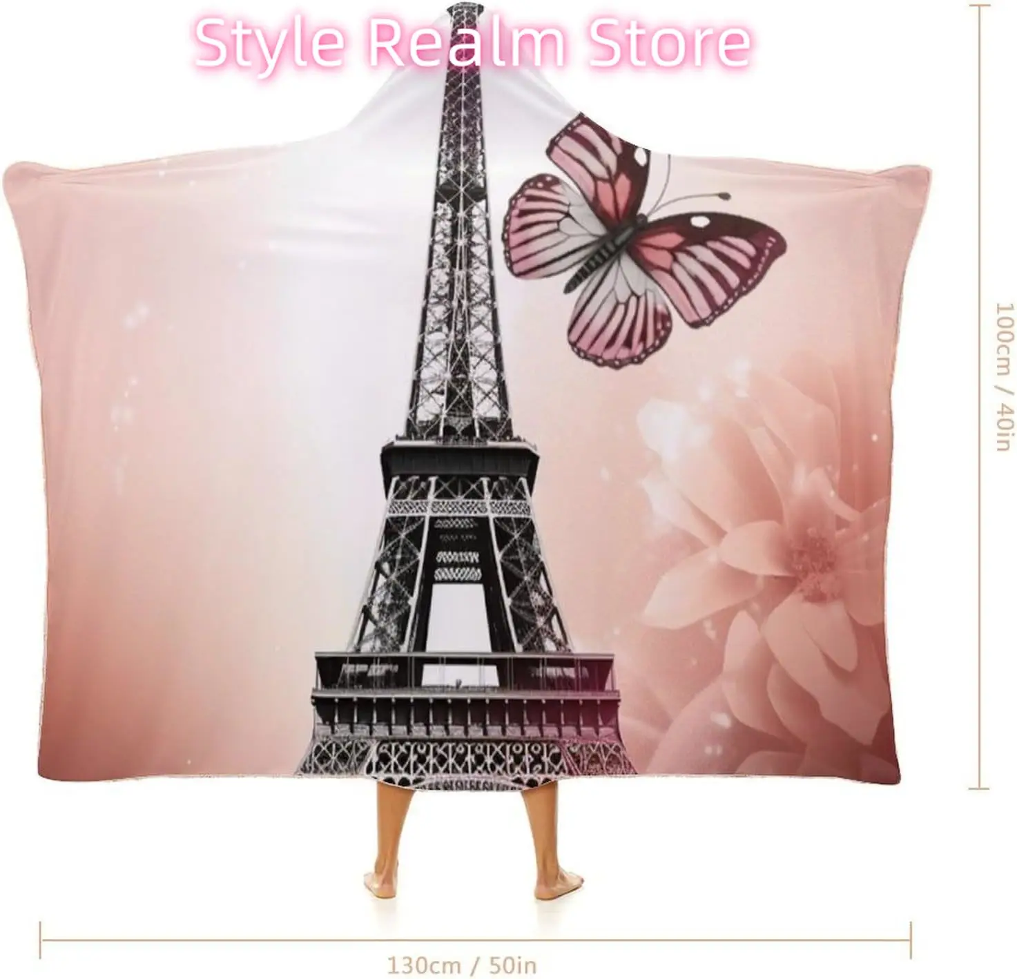 Paris And Butterfly Wearable Hooded Blanket, Ultra Soft Arctic Velvet Cape Cloak Unisex - Cozy Wearable Blanket