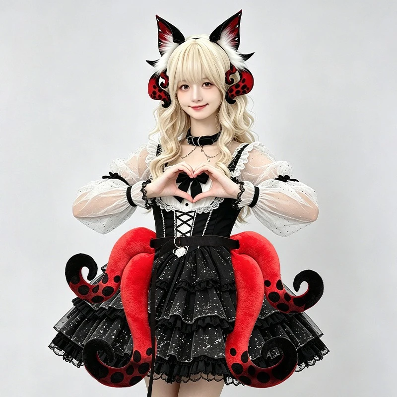 Women Gothic Sea Octopus Tentacle Tail And Horn Headband Cosplay Accessories Red Blue Plush Lolita Decor For Party Performance