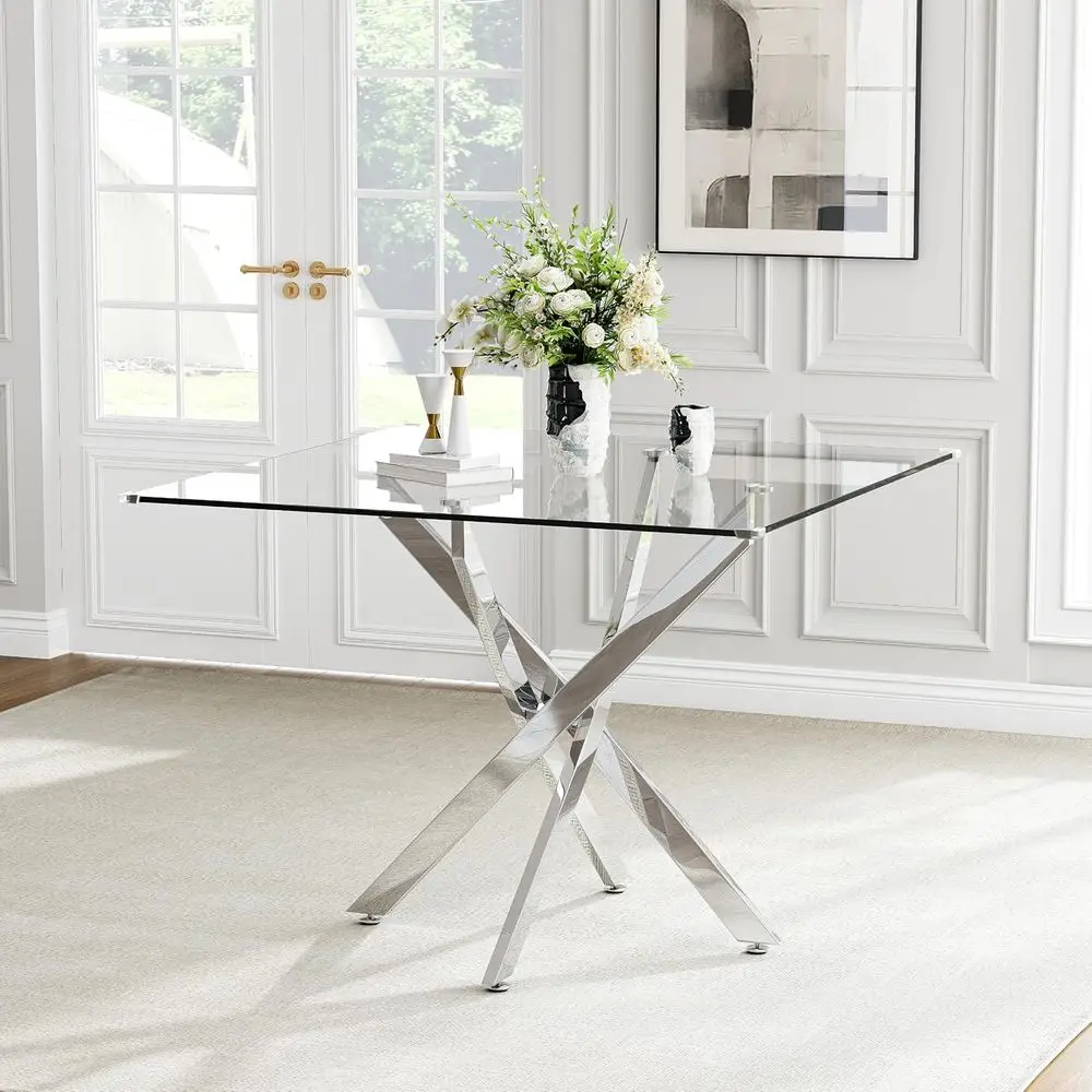 Square Glass Dining Table or 4, 36'' ern Kitchen Table with Tempered Glass Top, Dining Table or Oice Kitchen Living Meeting Room