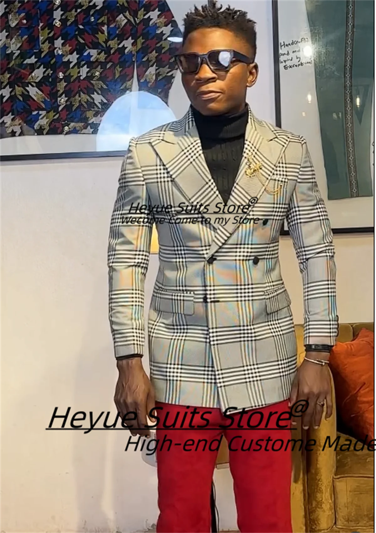 

Handsome Plaid Fashion Men Suits Customized Slim Double Breasted Groom Wedding Tuxedos 2 Pcs Sets Male Party Blazer Ropa Hombre