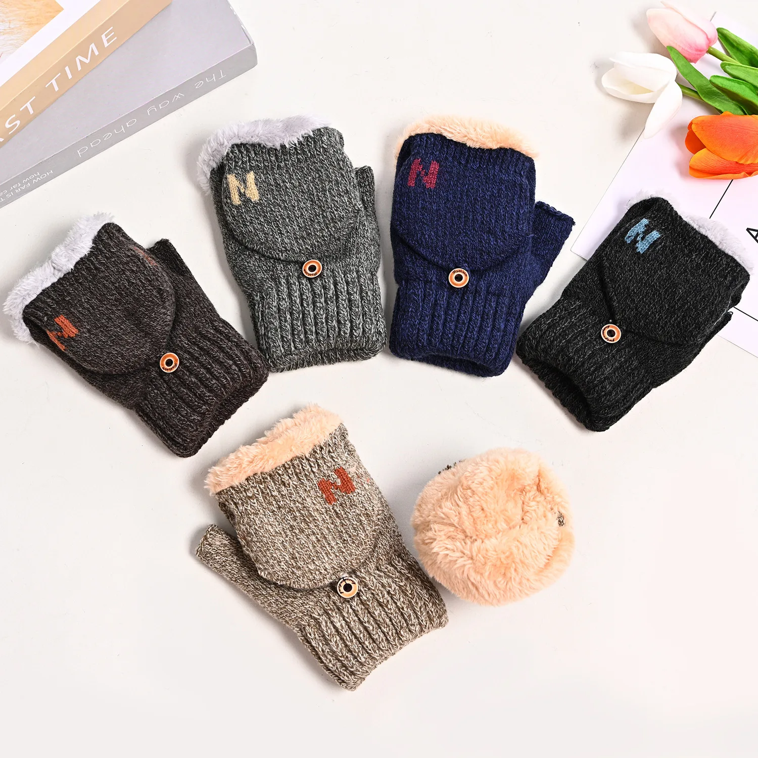 

2023 Winter Warm Thickening Wool Gloves Knitted Flip Fingerless Exposed Finger Thick Gloves Without Fingers Mittens Glove Women