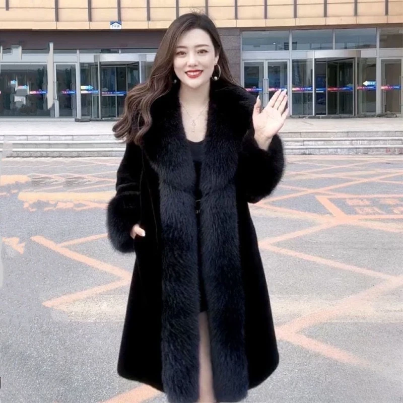 

Winter Warm Imitate Mink Fur Grass Coat For Women 2025 New Fur And Fur Integrated Fox Collar Mid Length Coat Trend Woolen Collar