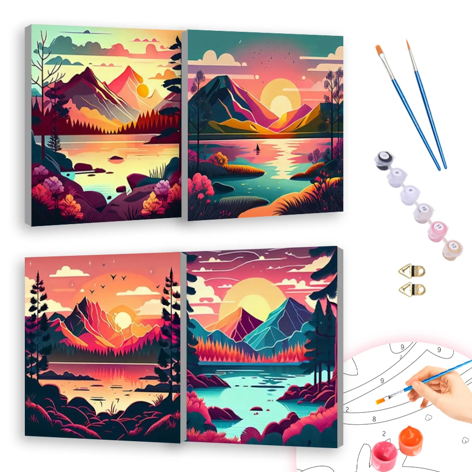 

RUOPOTY Oil Painting By Numbers 20x20cm ready Frame For Beginner Landscape Scenery Sunset Simple Color Markers Decorative Arts