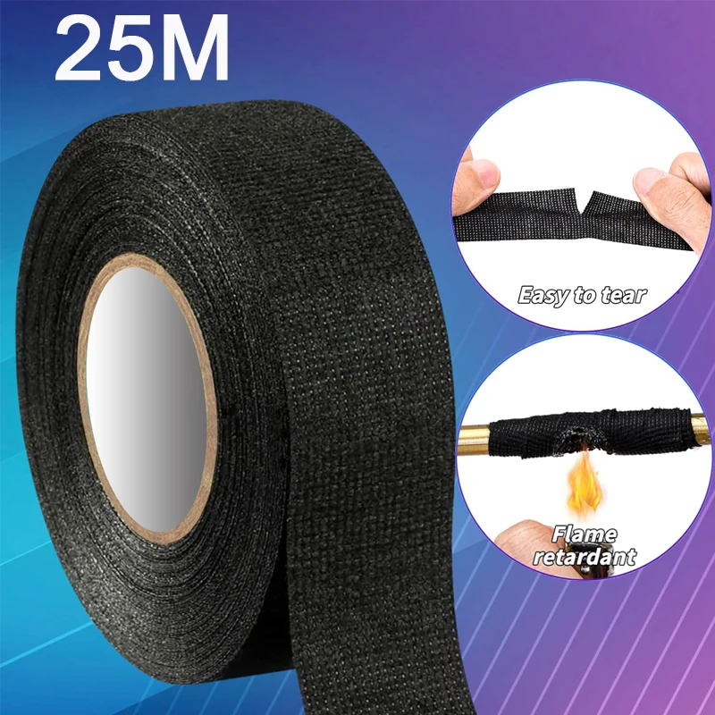 

25M High Temp Wiring Loom Harness Tape Self-Adhesive Fabric Tape For Electrical Automotive Engine Harness Wrap Protection Noise