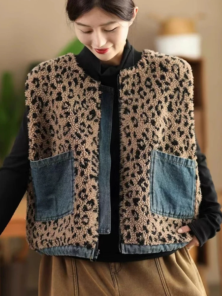 Max LuLu Korean Design Winter Sleeveless Coats Womens Fashion Warm Denim Fur Leopard Vest Ladies Casual Vintage Loose Waistcoats