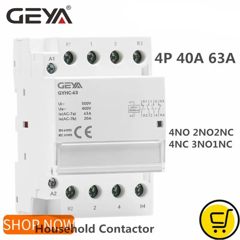 GEYA GYHC Din Rail AC Contactor 4P 63A 4NO 4NC 2NO2NC 3NO1NC House Use or For Charging Pile Contactor Good Quality