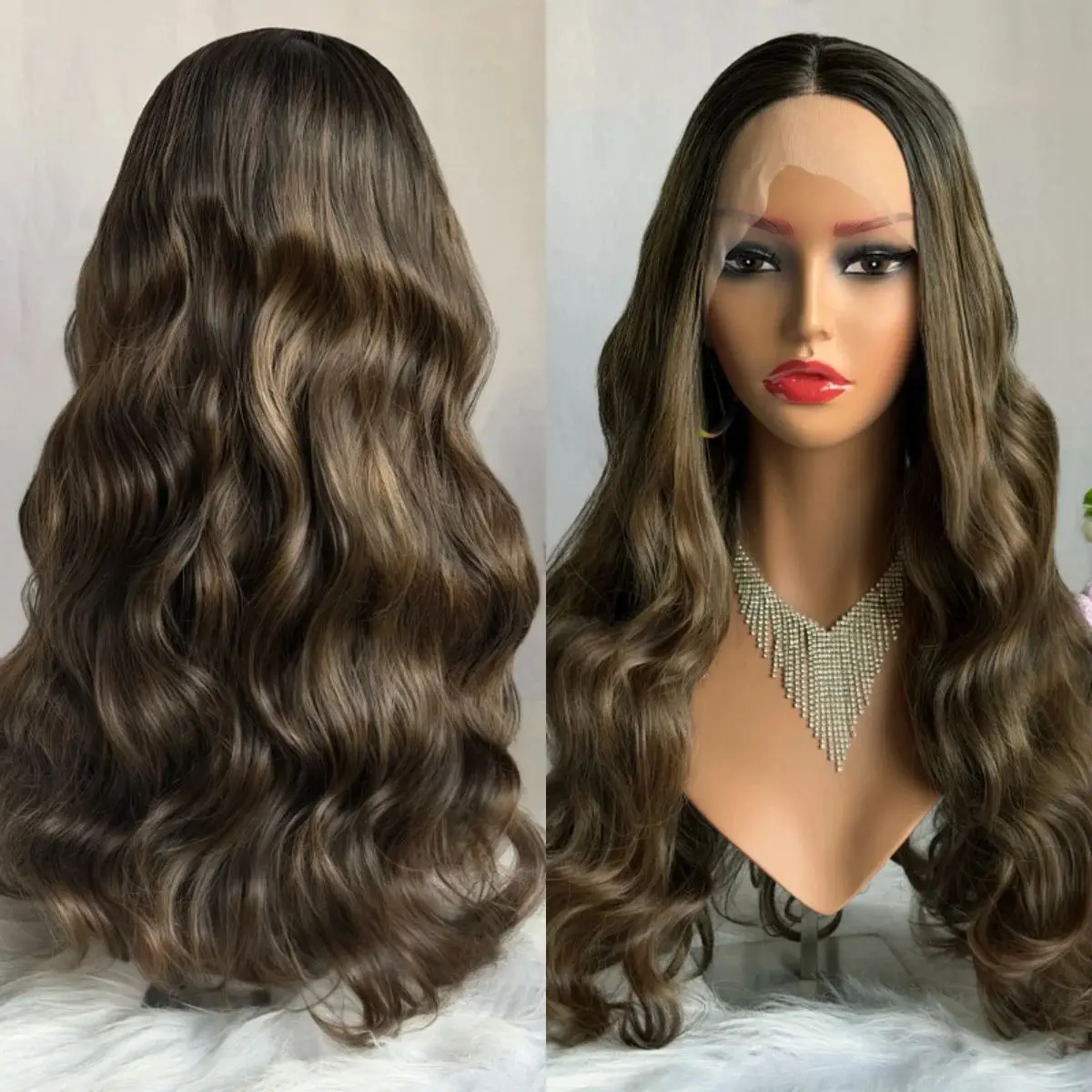 26 Inches Dark Chestnut Brown Glueless Wigs Synthetic Hair Long Length Natural Wave 13*4 HD Invisible Lace Wigs Brunette Fibre