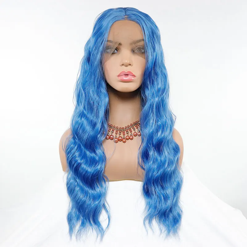 

Bombshell Sky Blue Water Wave Synthetic Lace Front Wigs Glueless Best Quality Heat Resistant Fiber Hair Middle Parting For Women