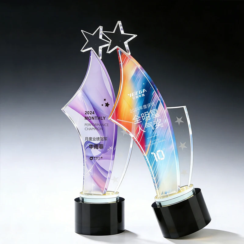 Customized Pentagram Transparent Crystal Trophy, Excellent Company Annual Meeting Award Souvenirs, Lettering Color Printing, 1Pc