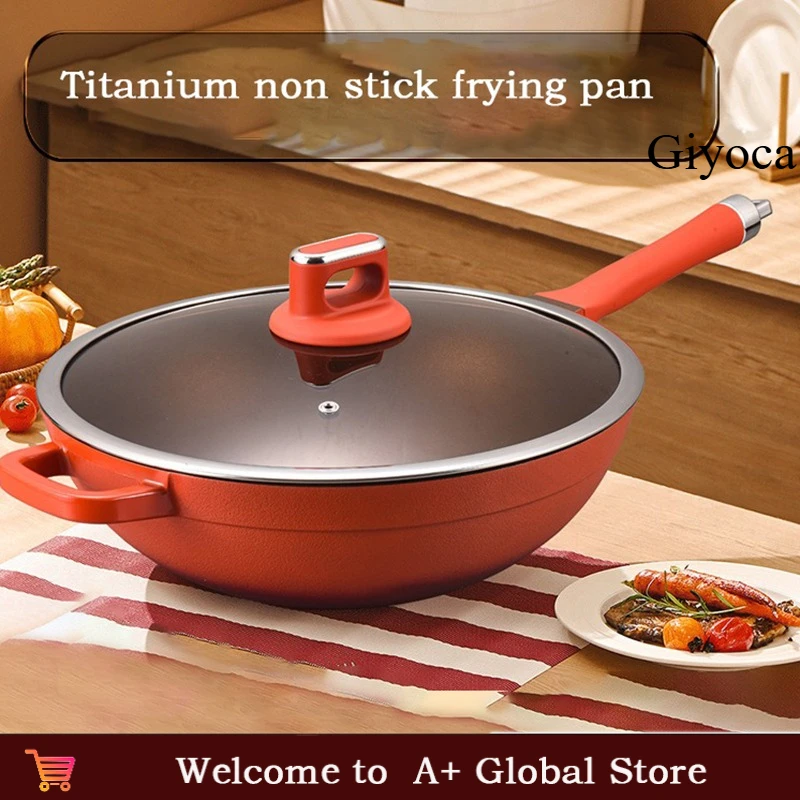 

Giyoca 32 см вок антипригарная сковорода с титановым покрытием, литая под давлением встроенная сковорода с плоским дном и стеклянной крышкой, бытовая профессиональная сковорода