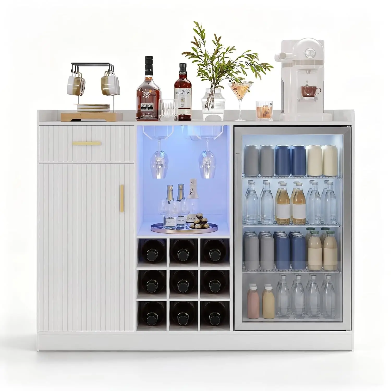Coffee Bar Cabinet with Fridge Space, Fluted Wine Cabinet with Glass Holder | White, Power Outlet, LED Light,, Customized