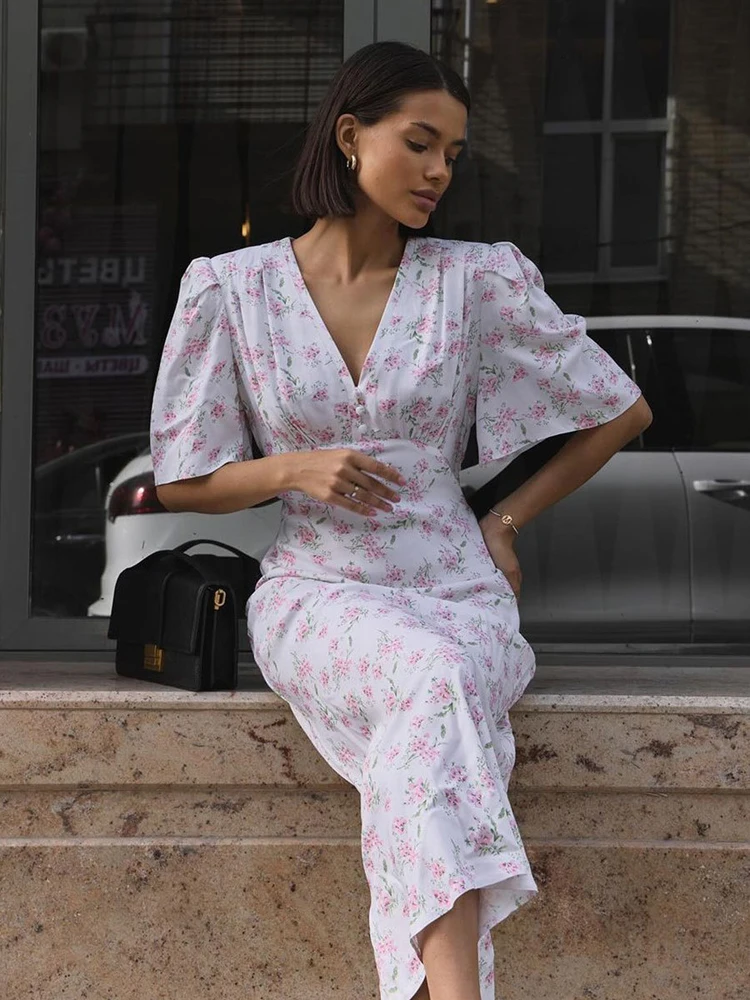 Abito lungo a maniche corte stampato da donna della nuova estate, abito casual, abbigliamento da donna, abiti floreali, abiti bianchi