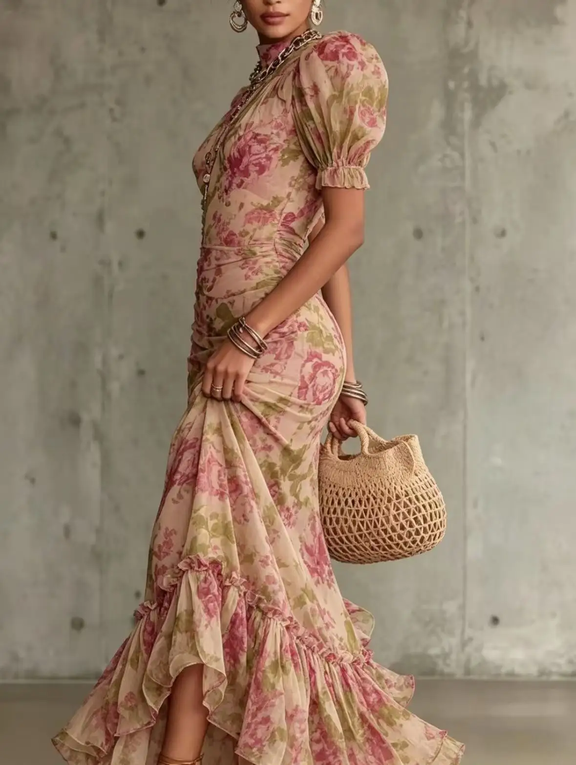 Europäisches und amerikanisches grenzübergreifendes Vintage-Kleid aus französischem Chiffon mit hohem Kragen, Puffärmeln, tailliertem Schnitt, schmaler Meerjungfrauenform, elegant, für Damen, Urlaub, langes Kleid. – Detail 5