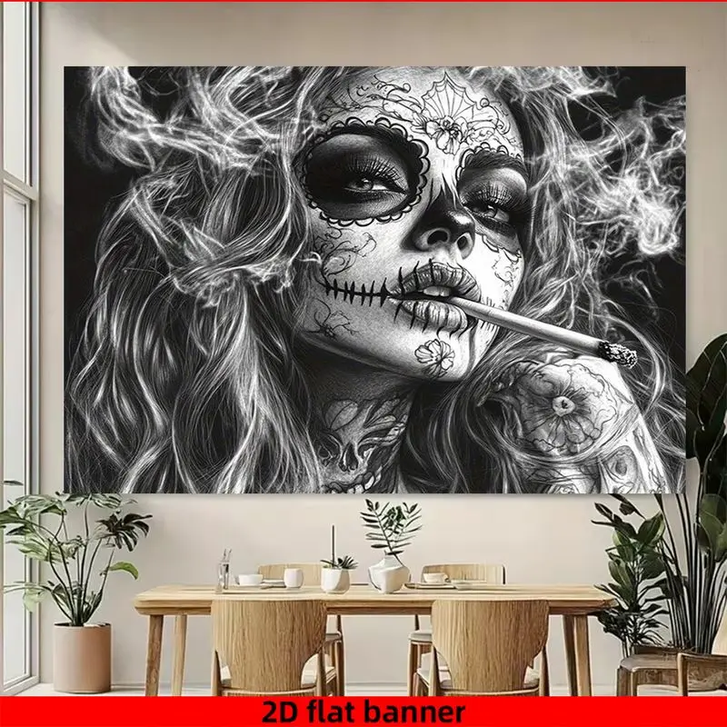 VIKAMA Day Of The Dead Sugar Skull Girl Tapestry Black White Tattoo Sketch Wall Hanging Gothic Halloween Bedroom Dorm Wall Decor