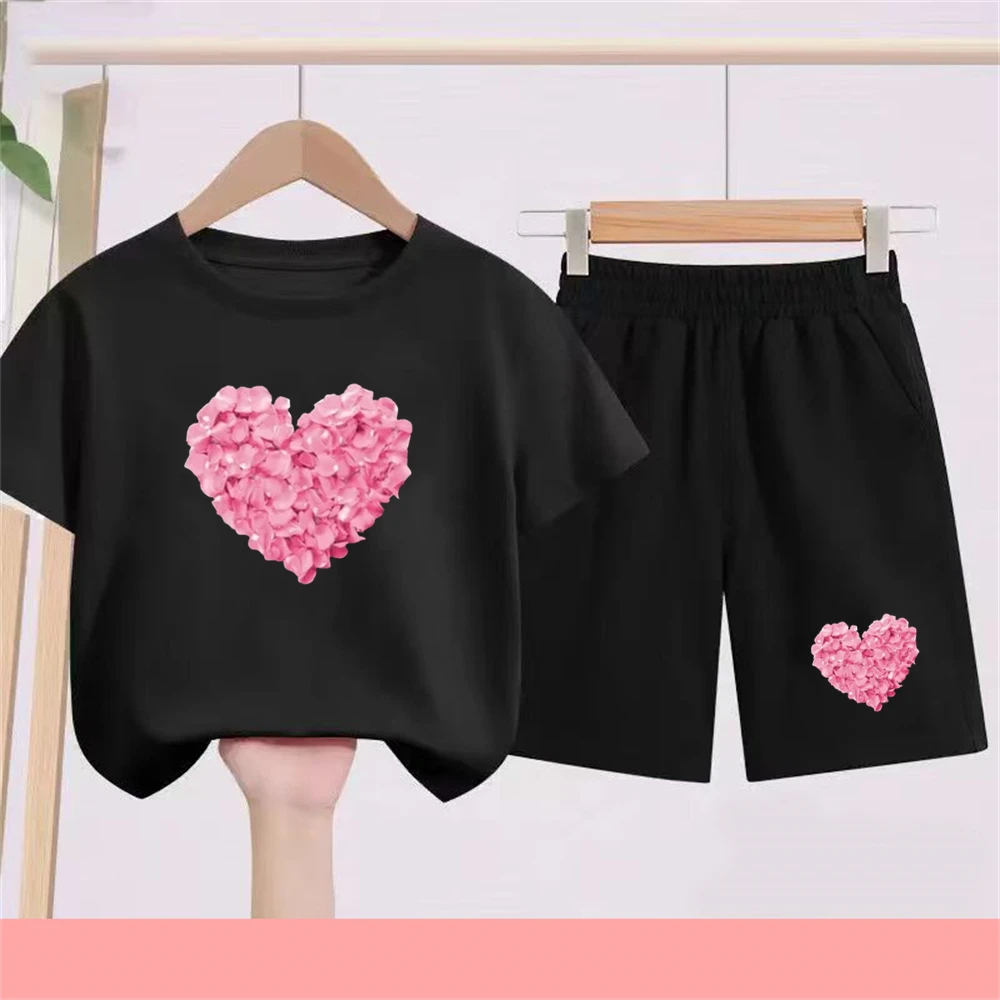 Girls Summer Short Sleeve Children Age 3-12 Set Black Petal Heart Shape Print Tshirt+Shorts 2pcs Set Kids Fashion Tracksuit