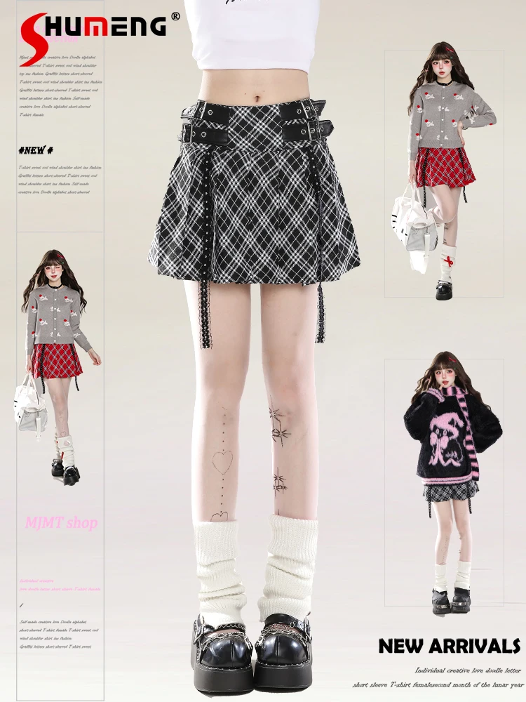 Japanese Street Punk Style Sweet Cool Hot Girl Y2k Plaid Skirt High Waist Leather Buckle A-line Slim Pleated Skirts Women Summer