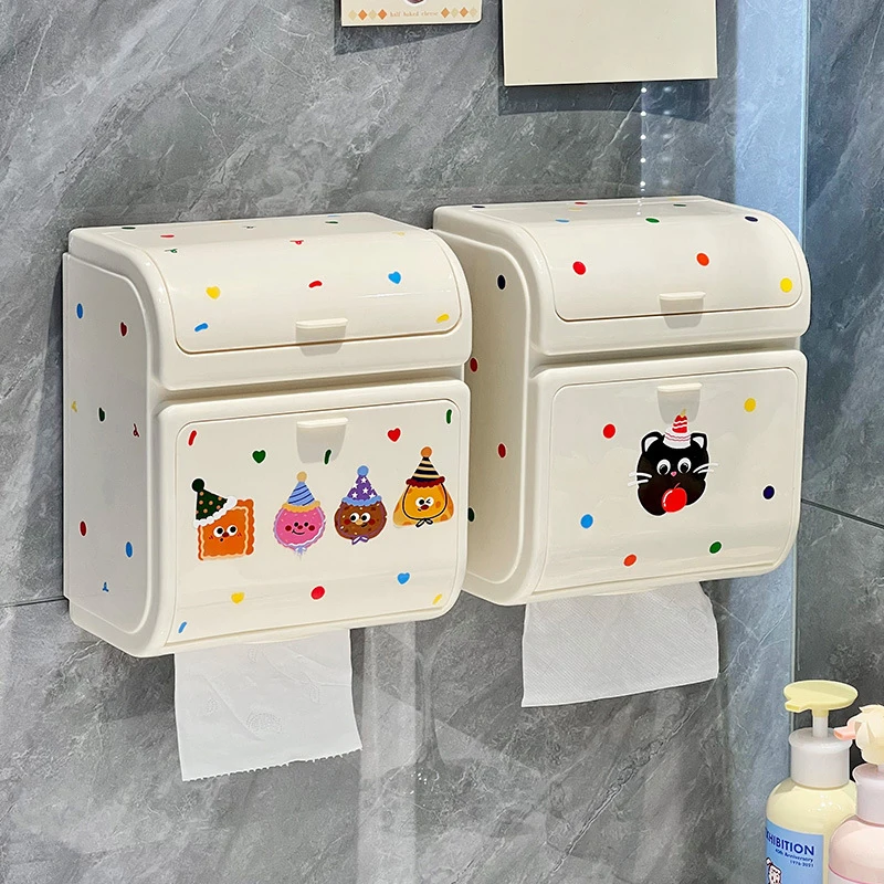 2027 Wall-mounted Toilet Paper Holder Double-layer Waterproof Cute Sticker Drill-free Multi-purpose for Bathroom WashroomOrganiz