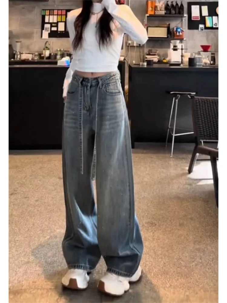 Grande taille américain Sle strass Denim taille haute jambe droite pantalon large pour poire aped femmes automne tenue décontracté