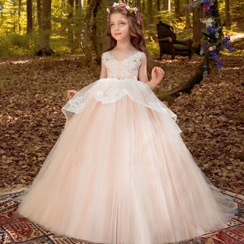 

Orange Flower Girl Dresses Tulle Puffy White Lace Appliques Sleeveless For Wedding Birthday Party Holy Communion Gowns