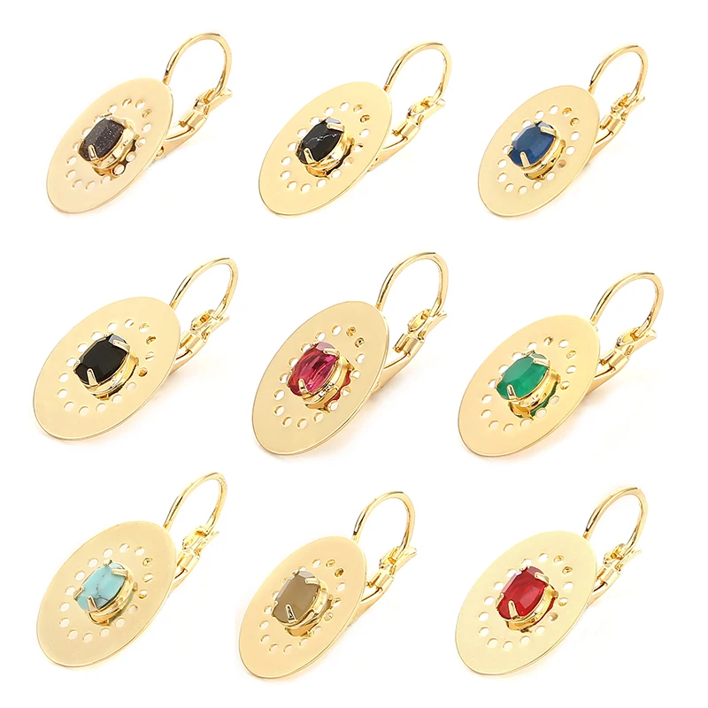 New Classic Luxury Jewelry Cute Women's Gift Oval Multi Color Section Stone Clip Claw Rhinestone Charm Gold French Clip Earrings