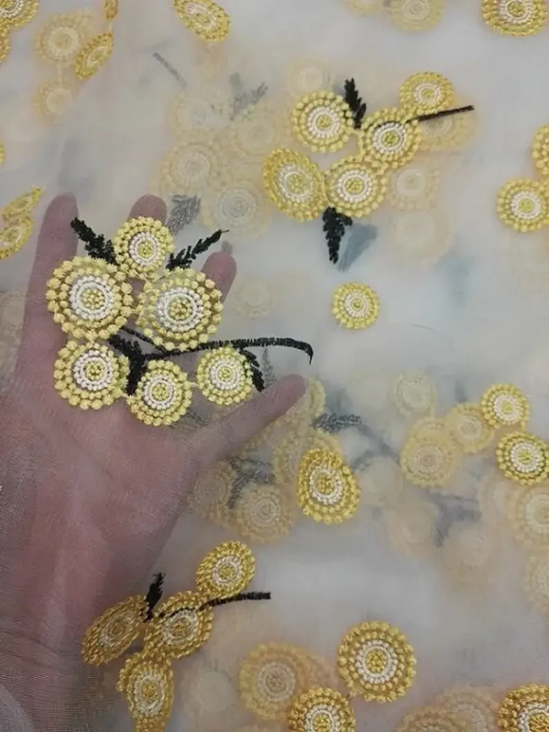 1 Yard Yellow Dandelion Flower Lace Fabric flower Embroidery Nude Tulle For Girl Dress Tutu Dress Wedding Dress Bridal Veil