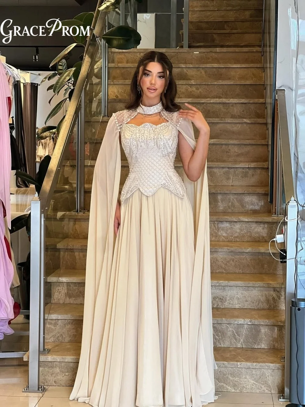

Elegant Beige Cape Sleeve Bridesmaid Dress 2026 Beaded Corset Chiffon Party Dress Evening Gown For Wedding Guests فساتين سهرة