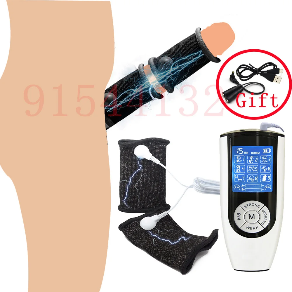 BDSM Electro Shock Conductive Fiber Penis Sleeve E-stim Scrotum Rings Electric Play Cock Therapy Enlargement Male Sex Products