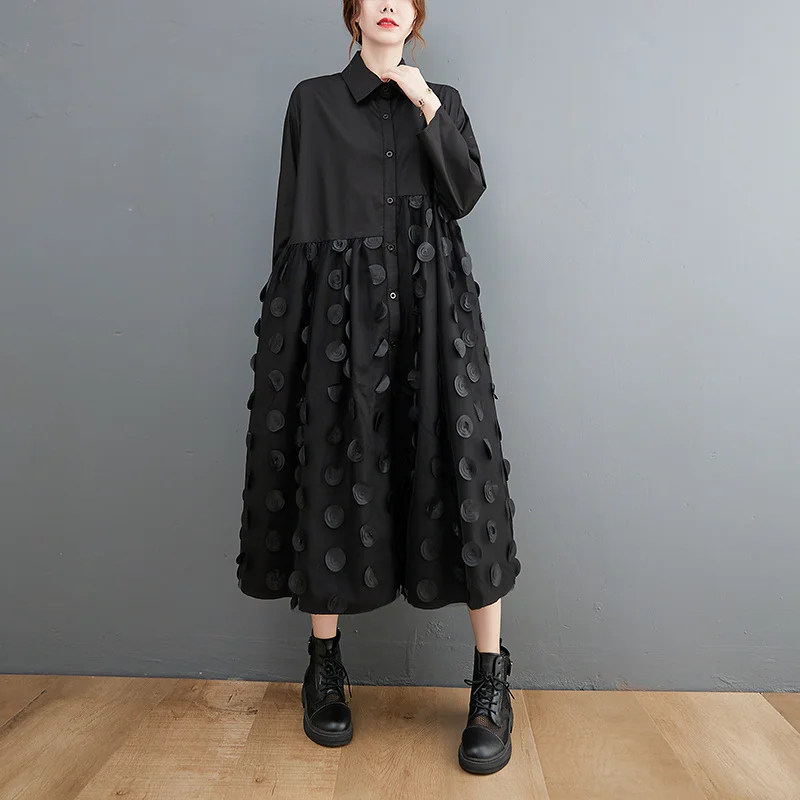 #4014 Spring Midi Dress Women Turn-down Collar Black Shirt Dress Long Sleeves Casual Loose Spliced Mesh A Line Dress Midi Sexy