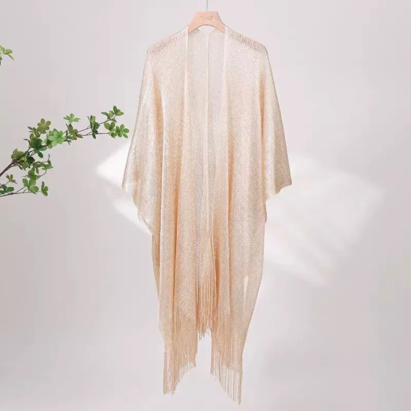 Womens Tassel Shawl Hollowed-out Seaside Cloak