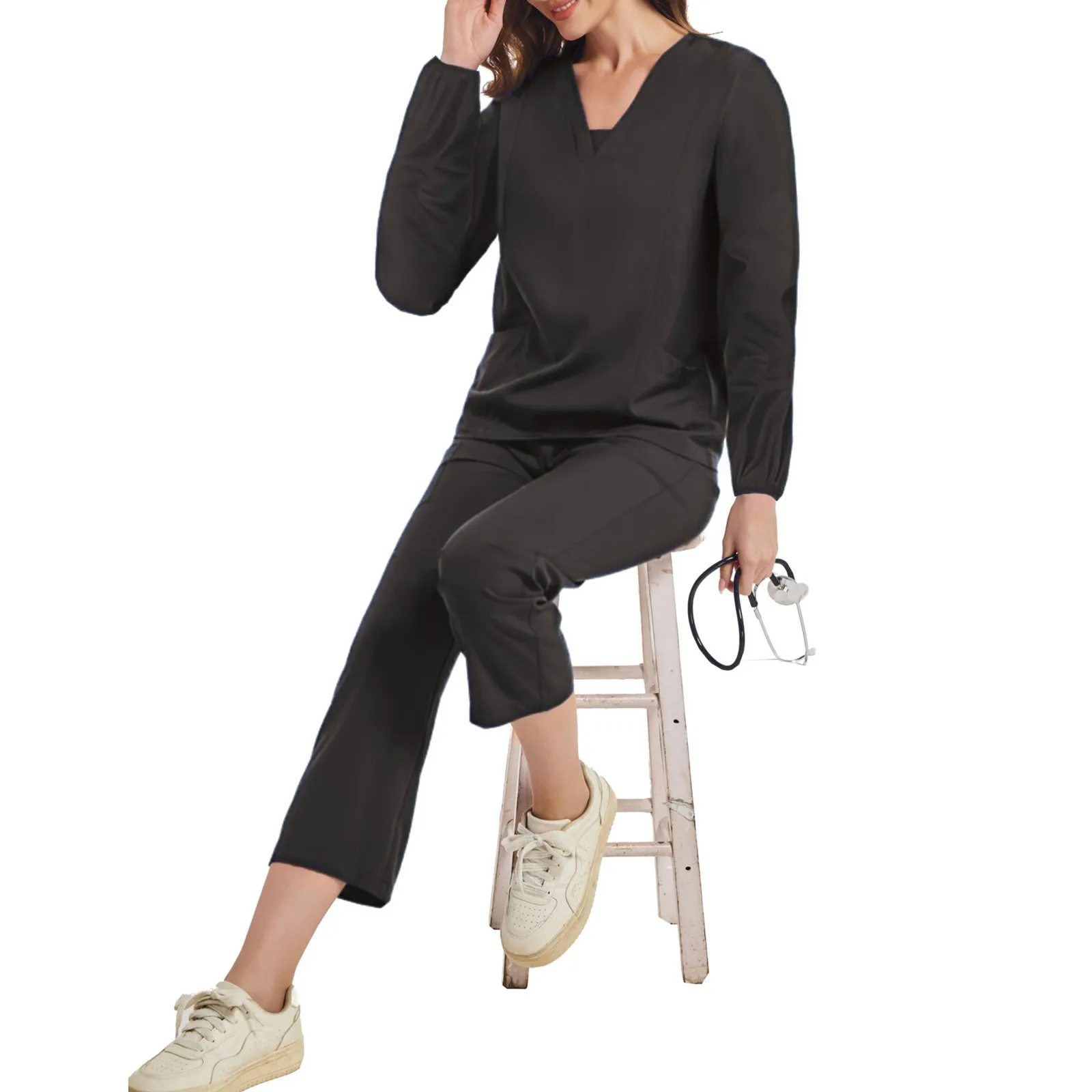 여성용 루즈핏 캐주얼 편안한 의료용 유니폼 스크럽 의복 단색 간호사 치과 수술복 작업복 세트