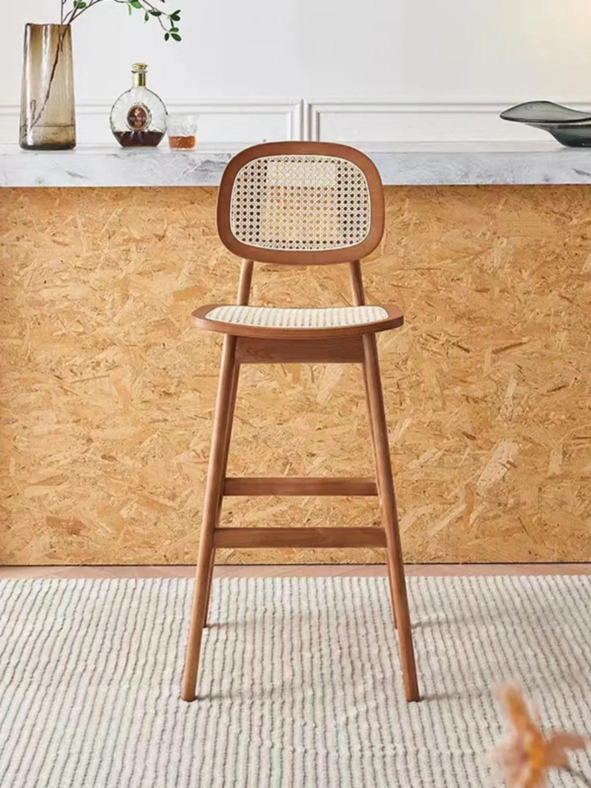 

Nordic solid wood bar chair wabi sandy wind simple rattan backrest bar milk tea shop high stool