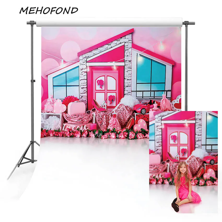 

Mehofond Photography Backdrop Pink Princess Girl Birthday Party Dress Flower House Wall Decor Baby Shower Background Photozone