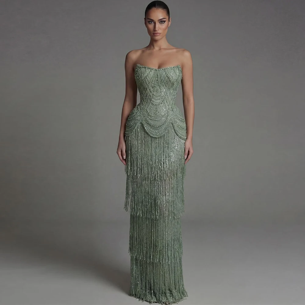 Luxury Tassel and Beading Celebrity Gowns Elegant Strapless Sleeveless Customized Evening Dress Sparkly Sequined Prom Dresses