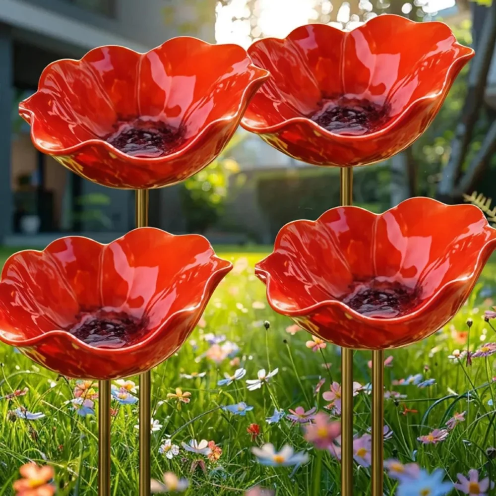 4pcs 2-in-1 Handcrafted Red Poppy Flower Garden Stake Bird Bath Garden Stake Flower Lawn Stake for Outdoor Yard Lawn Decoration