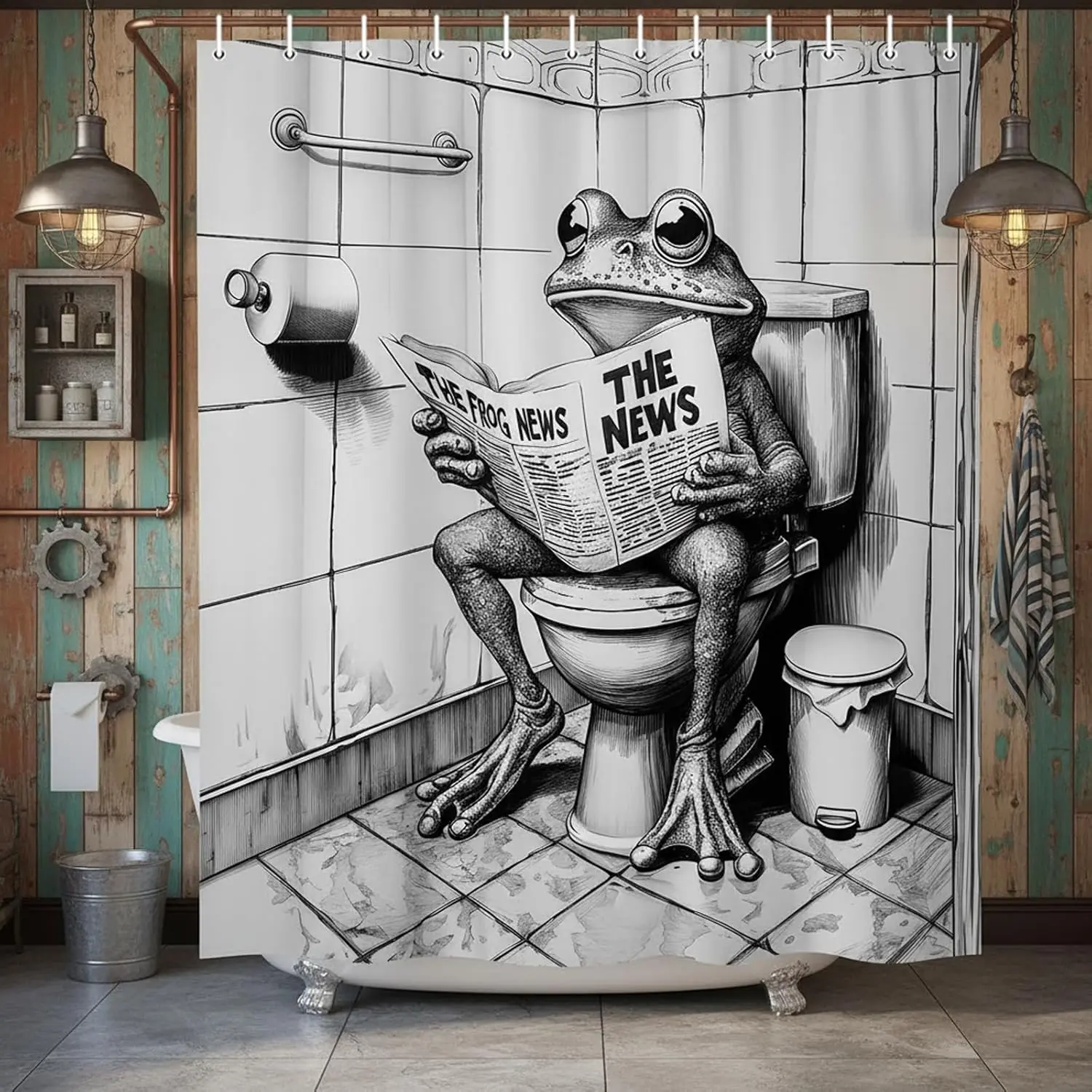 Frog Toilet Newspaper Shower Curtain Funny Animal Print for Bathroom Decor
