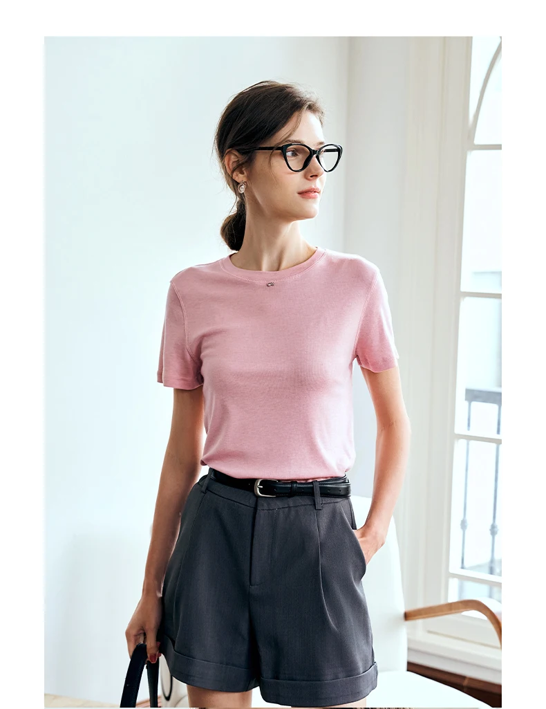 

OLrain Lyocell Sweet Style Pink Short Sleeve Tops 2025 Summer Crew Neck T-Shirt Cute Bow Knitted Tees Birthday Gift O24XT92259