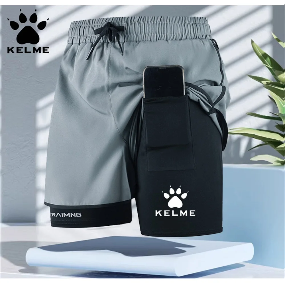 KELME Men's Double-Layer Sports Shorts, Featuring a Drawstring Design and Breathable Lining, Are Suitable for Running and Fitnes